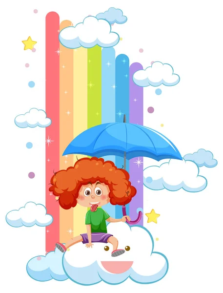 Ein Mädchen Auf Wolke Sitzend Mit Regenbogenillustration — Stockvektor