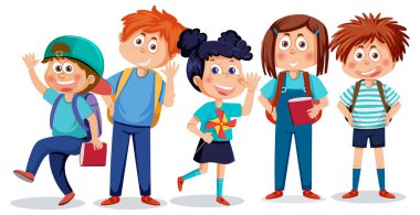 School kids cartoon characters set illustration