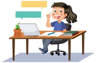 Tablet illüstrasyonuyla internetten okuyan bir kız