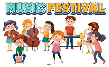 Müzik festivali metninde müzik enstrümanı çizimi yapan çocuklar