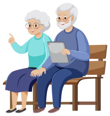 Tablet illüstrasyon kullanan yaşlı çift