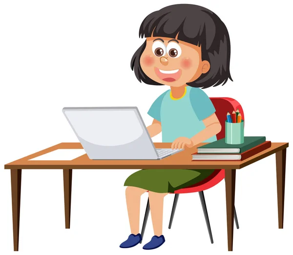 Girl Sitting Front Laptop Illustration — Vetor de Stock