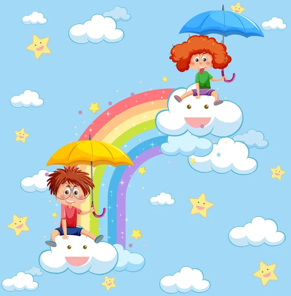 Enfants Heureux Dans Ciel Avec Illustration Arc Ciel — Image vectorielle