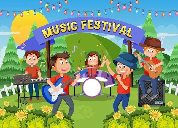 Bambini Che Suonano Musica Nel Parco Illustrazione — Vettoriale Stock