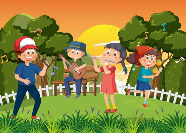 公園の図に音楽を遊んでいる子供たち — ストックベクタ