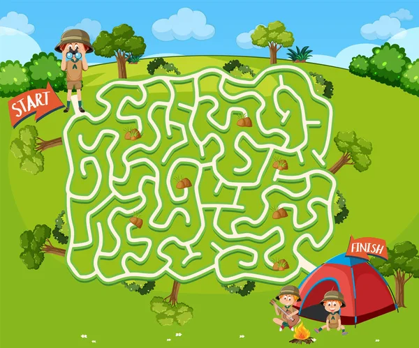 stock vector Maze game template in camping theme for kids illustration