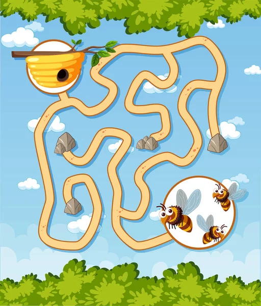 Labyrint Spel Mall Honungsbi Tema För Barn Illustration — Stock vektor