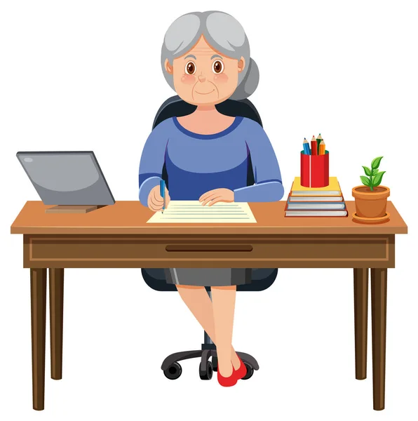 stock vector Old woman sitting in front of laptop illustration