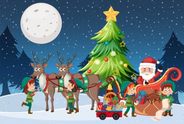 Noel Baba ve elflerin Noel illüstrasyonu için hediyesi.