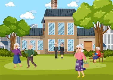 Park illüstrasyonunda dinlenen yaşlılar