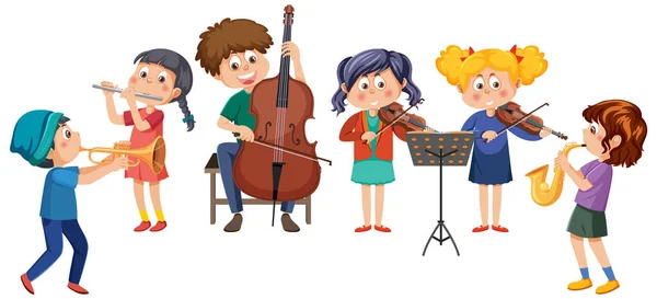 Orchesterband Mit Kindern Die Musikinstrumente Spielen Illustration — Stockvektor