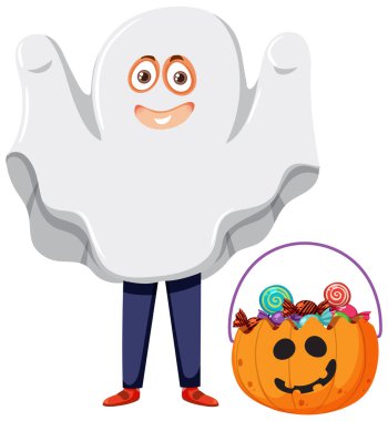 Cadılar Bayramı 'nda hayalet kostümü giyen bir çocuk. Şeker mi şaka mı?