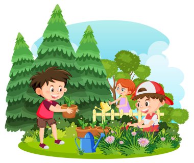 Happy children enjoying outdoor at the yard illustration