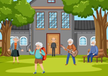 Park illüstrasyonunda faaliyet gösteren yaşlılar