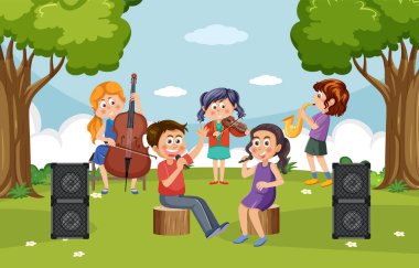 Park Illustration 'da çocuk müzik grubu çalıyor