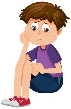 Üzgün bir ifadeyle oturan bir çocuk.