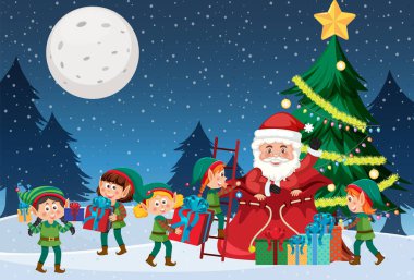 Noel Baba ve elflerin Noel illüstrasyonu için hediyesi.