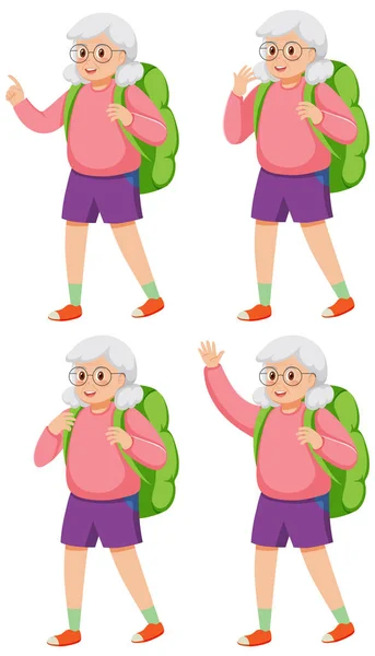 Viaggiatore Anziana Donna Pose Diverse Illustrazione — Vettoriale Stock