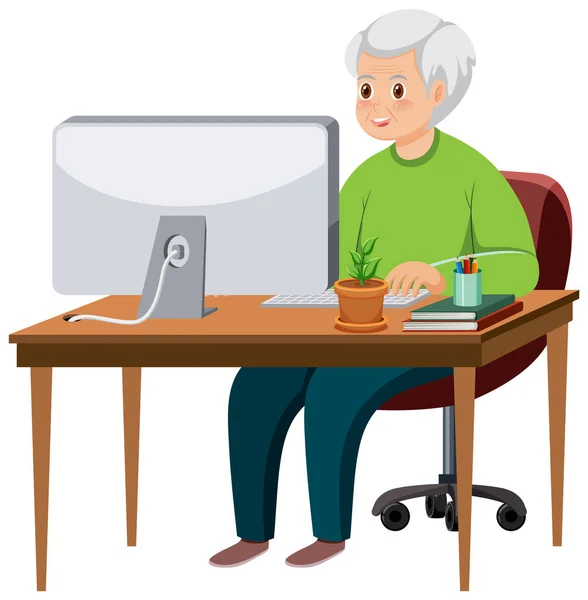 Velho Sentado Frente Ilustração Computador — Vetor de Stock