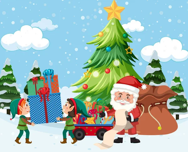 Santa Claus Elfové Dodání Dárek Pro Vánoční Ilustraci — Stockový vektor
