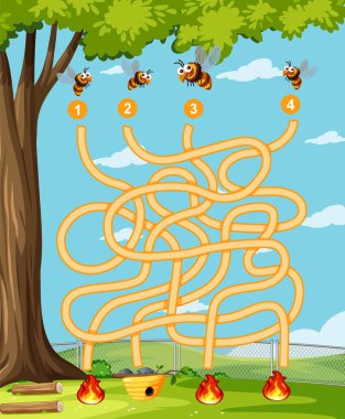 Çocuk illüstrasyonu için bal arısı temalı labirent oyun şablonu
