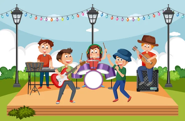 Banda Música Para Niños Tocando Park Illustration — Archivo Imágenes Vectoriales