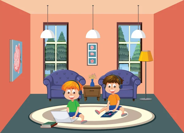 Děti Učení Online Doma Ilustrace — Stockový vektor
