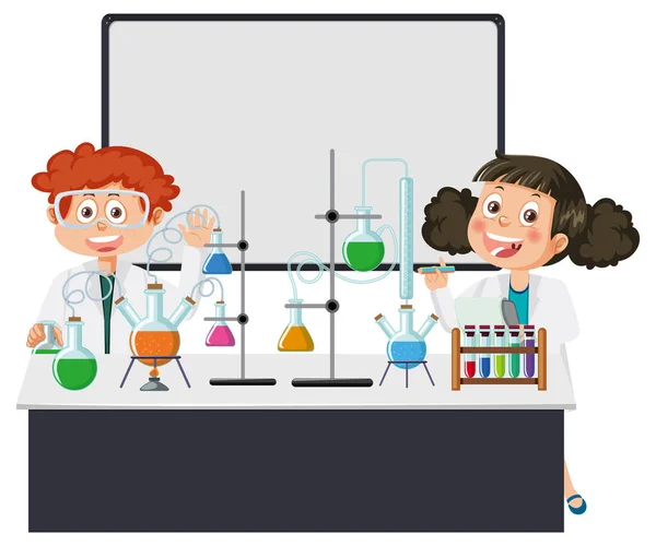Niños Científicos Haciendo Ilustración Experimentos Científicos — Archivo Imágenes Vectoriales