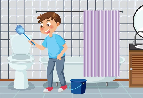 Garçon Nettoyage Toilettes Dans Salle Bain Illustration — Image vectorielle