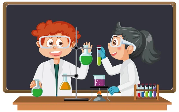 Діти Вченого Роблять Ілюстрацію Хімічного Експерименту — стоковий вектор