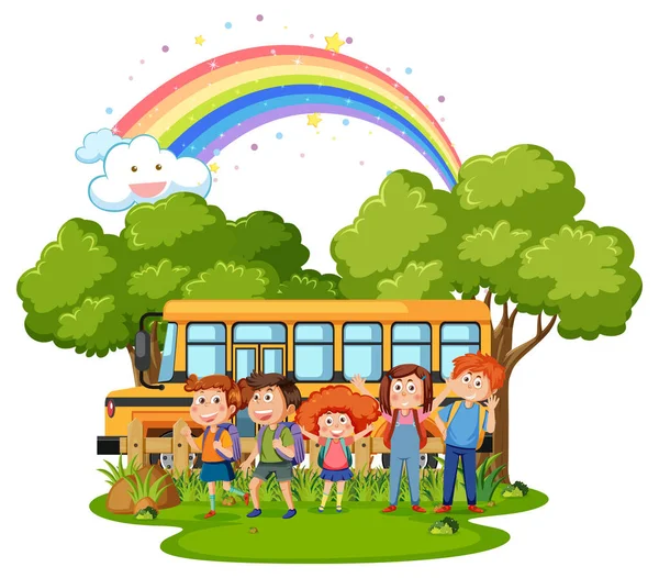 Crianças Com Ônibus Escolar Desenho Animado Ilustração Estilo — Vetor de Stock