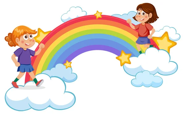 Glückliche Kinder Mit Regenbogen Illustration — Stockvektor