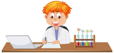 Kağıt çizimine yazı yazan bilim adamı çocuk.