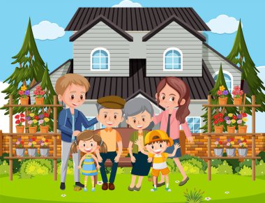 Happy family at the garden of house illustration