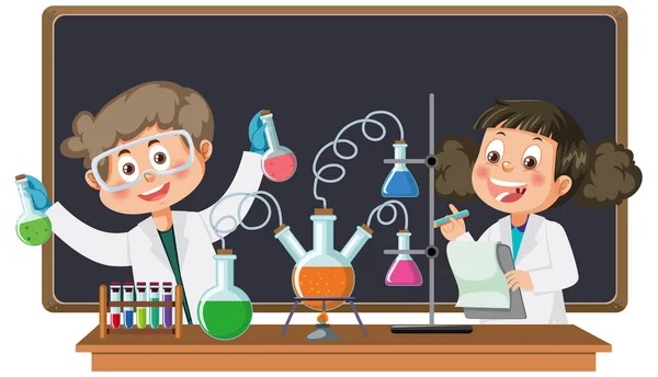 Ilmuwan Anak Anak Melakukan Percobaan Kimia Ilustrasi - Stok Vektor