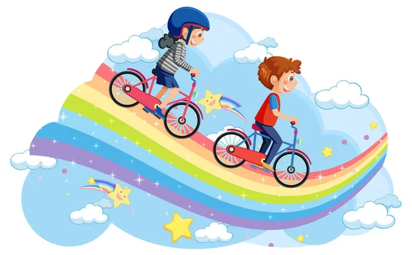 Kinder Fahren Fahrrad Auf Regenbogen Illustration — Stockvektor