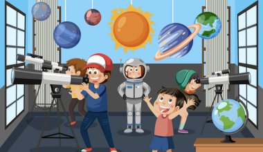 Gökyüzü resimlerini izleyen çocukların olduğu oda sahnesi