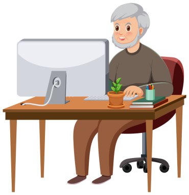 Yaşlı adam bilgisayar illüstrasyonunun önünde oturuyor