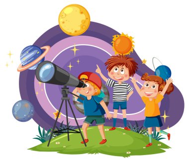 Çocuklar teleskopla gezegenleri gözlemliyor.