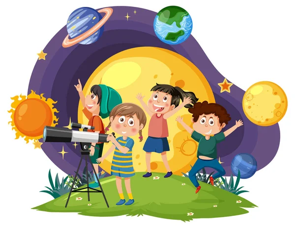 Dzieci Obserwujące Planety Ilustracją Teleskopu — Zdjęcie stockowe