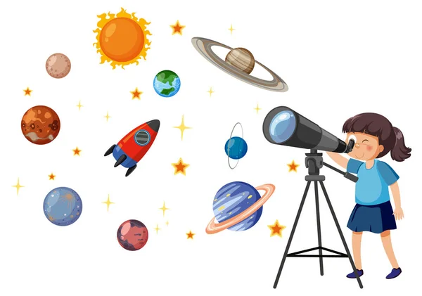 Дівчина Спостерігає Планетами Ілюстрацією Телескопа — стокове фото