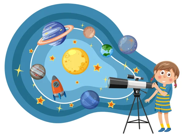 Menina Observando Planetas Com Ilustração Telescópio — Fotografia de Stock