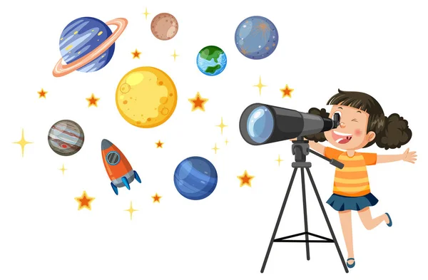 Little Girl Observing Sky Telescope Illustration — Stock Photo, Image
