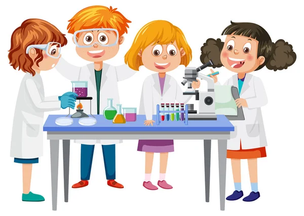 Vědci Děti Dělají Chemické Experimenty Ilustrace — Stock fotografie