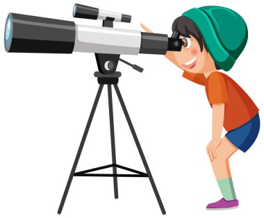 Teleskop illüstrasyonundan bakan bir çocuk.