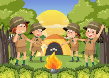 Children camping out forest scene illustration