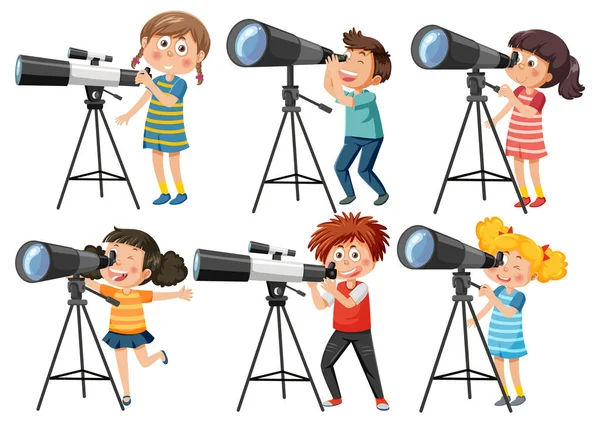 Zestaw Różnych Dzieci Korzystających Teleskopów Ilustracji — Wektor stockowy
