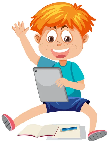 Happy Boy Using Tablet Illustration — Vetor de Stock