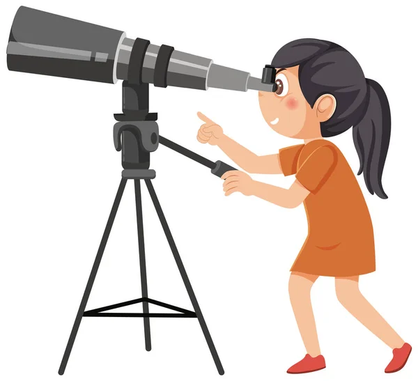 Dziewczyna Patrząca Przez Ilustrację Teleskopu — Wektor stockowy