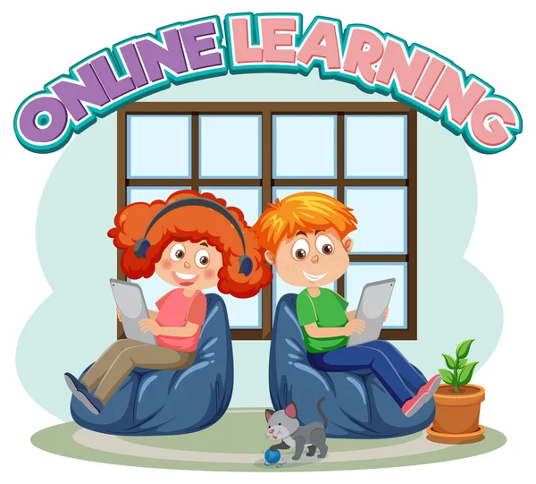 Çocukların Resimleriyle Çevrimiçi Öğrenme Kelimesi — Stok Vektör
